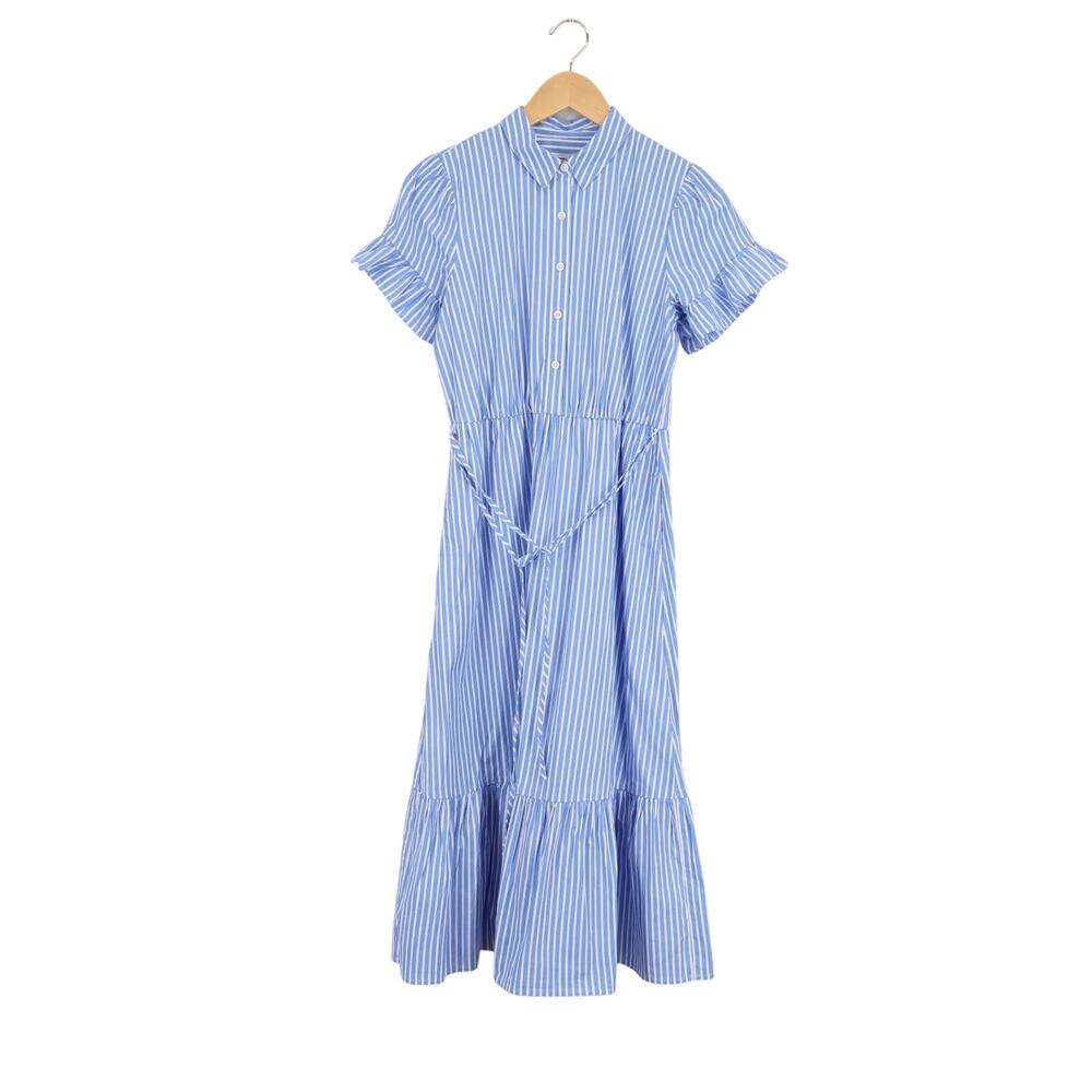J.Crew Factory Striped Ruffle Sleeve Shirt Dress Sail Blue Size 4 Petite NWT - Picture 2 of 8